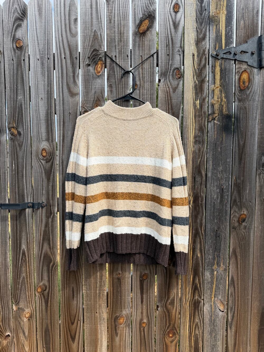 St. John's Bay Striped Mock Neck Sweater Tan Brown Cream Women's Size L Knit